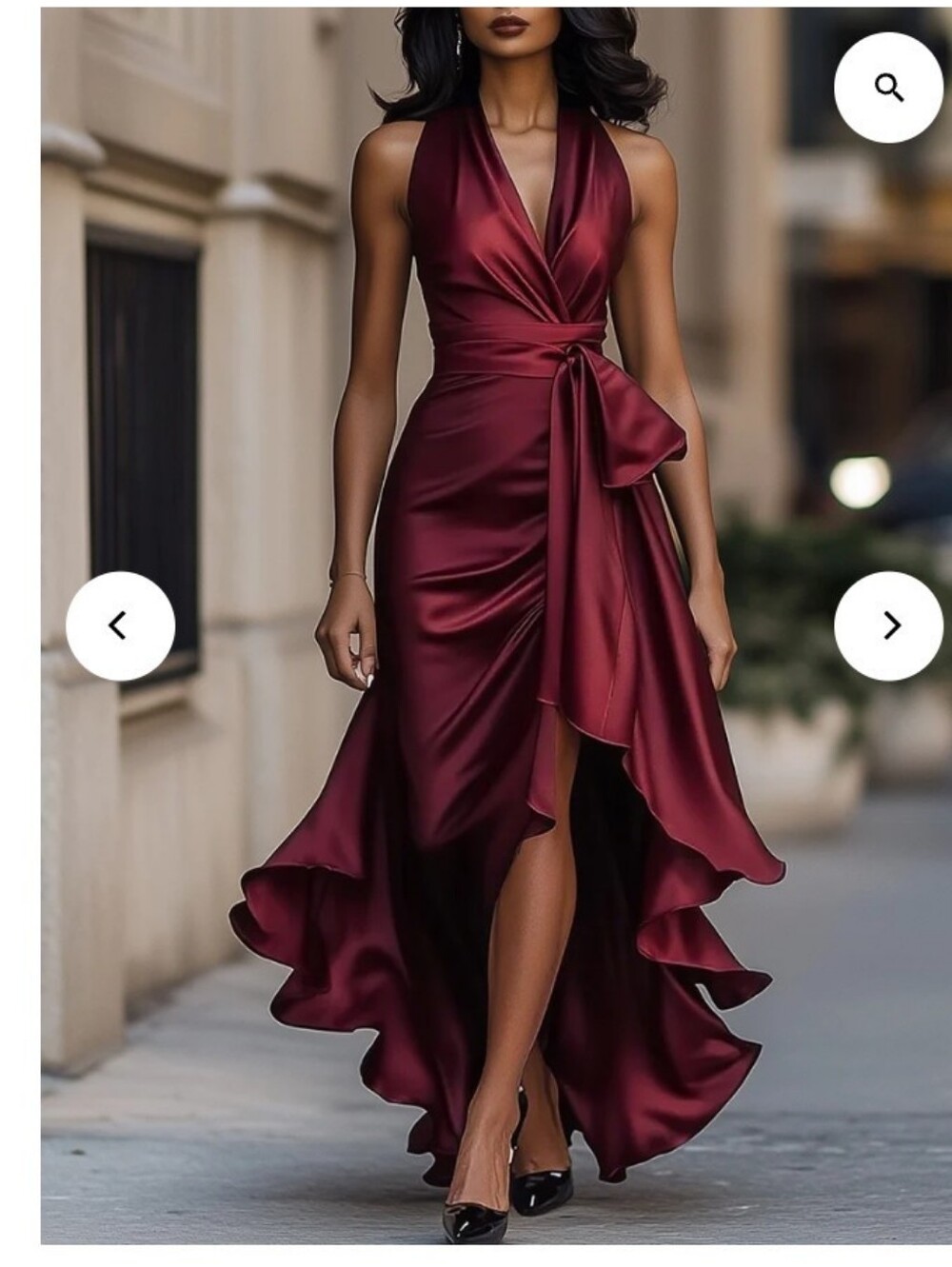 Satin Burgundy High-Low Wrap Dress with Waist Tie